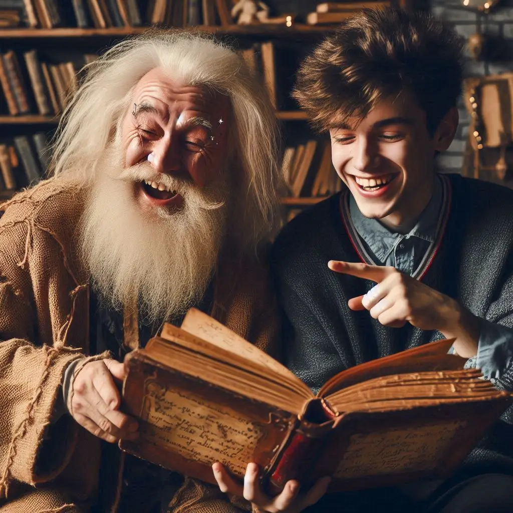 Esta página mostra um jovem e uma pessoa idosa dando risada das frases que estão sendo lidas em um velho livro em referencia ao artigo velhoeaprendiz frases interessante