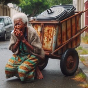 Essa pagina, Coleta do Lixo: Idoso entre detritos mostra a imagem de uma senhora idosa chorando e empurrando um carrinho de lixo velho.