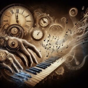 Esta página mostra a imagem de um piano com relogios simbolizando que está harmonizando a sabedoria com o tempo