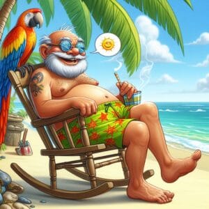 Planejamento:aposentadoria. Imagem idoso feliz. Fez tudo certo e aposentou. Agora é praia, cadeira de balanço, chimarrão, papagaio na cadeira.