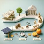 Exibindo imagem bonita explicando que planejar a aposentadoria é essencial. Graduação, casamento, dinheiro e aposentadoria