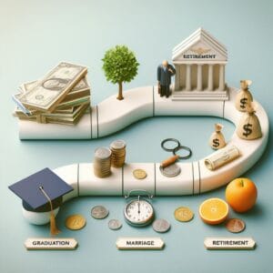 Exibindo imagem bonita explicando que planejar a aposentadoria é essencial. Graduação, casamento, dinheiro e aposentadoria