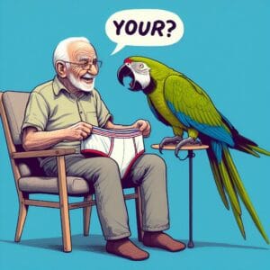 No post Troque as cuecas queridos idosos mostra a imagem de uma pessoa idosa segurnado uma cueca e um papagaiao levou a cueca para ele trocar o velho pergunta se a cueca é do papagaio