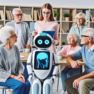 Essa pagina mostra a imagem de um grupo de idosos participando de uma aula interativa sobre saúde mental e bem-estar, ministrada por um robô tutor, Indicando que a AI está cauzando uma revolução na terceira idade.