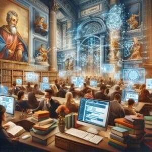 Biblioteca majestosa com mesas, computadores,pilhas de livros, combinando arquitetura clássica e tecnologia moderna. A arte de aprendizagem contínua.
