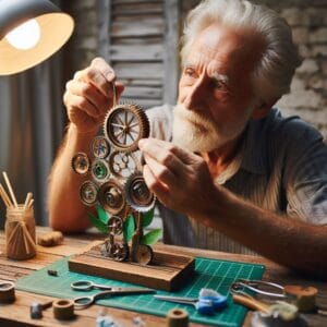 Imagem de um idoso criando uma peça de artesanato sustentável com materiais reciclados, mostrando criatividade e inovação.