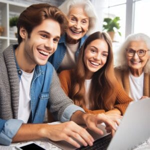 Esta pagina mostra jovens e idosos que foram Bem-Vindo ao Velho e Aprendiz Curiosidade e estão alegres para aprender outros idiomas