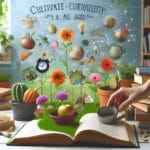 Esta página mostra um Jardim ensolarado com livros, onde a curiosidade floresce. Também despertando os sentidos:ajornada da curiosidad” 🌼📚