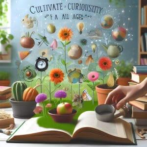 Esta página mostra um Jardim ensolarado com livros, onde a curiosidade floresce. Também despertando os sentidos:ajornada da curiosidad” 🌼📚