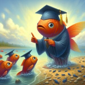 Esta página mostra um peixe que representa o idoso bem-sucedido:A Arte de Sonhar e realizar ensinando varios peixinhos.