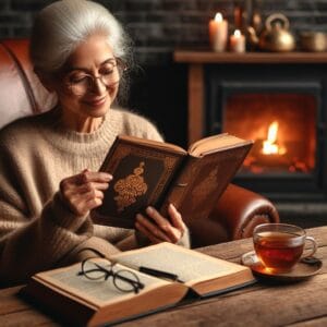 Mulher lendo os melhores livros para pessoas idosas. Fundo uma lareira,livros,óculos, xicara sobre a mesa.parede escura,noite