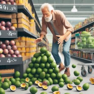 Esta página mostra O Velho, o Abacate e o Maracujá o idoso esta em um supermercado e derruba a pilha de maracujá e parte dos abacates n o chão