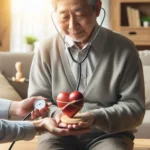 Esta página mostra um idoso com um estetoscópio e um coração equilibrando em ume circunferência de madeira em relação à Saúde do idoso e o equilíbrio emocional