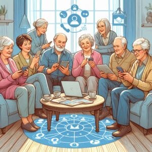 Esta página mostra um grupo de idosos. Todos com celulares acessando redes sociais. Mostra a conexão que transcende gerações