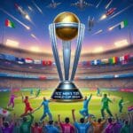 Imgens de jogadores de Críquete levantando a taça de CAmpeão de A Copa do Mundo T20 Masculina da ICC 2024