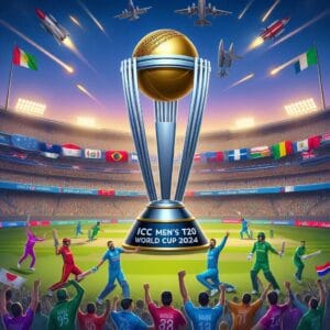 Imgens de jogadores de Críquete levantando a taça de CAmpeão de A Copa do Mundo T20 Masculina da ICC 2024