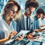 Envelhecimento da Geração Y: Produtos de alto valor essa página mostra três homem e uma mulher da geração y em um escritorio utilizado tablet e laptops de ultima geração