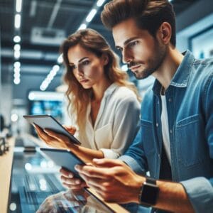 Envelhecimento da Geração Y: Produtos de alto valor essa página mostra um homem e uma mulher da geração y em um escritorio utilizado tablet e laptops de ultima geração