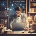 Guia completo: a magia das palavras de transição no texto.Mostra a imagem de um escritor sentado a uma mesa, rodeado de livros e anotações, digitando em um laptop. Palavras de transição brilhantes como "no entanto", "portanto", "além disso" e "conseqüentemente