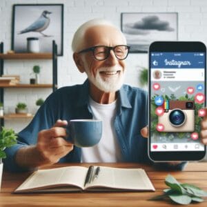 InstaSênior:Um Guia Completo para Idosos na Rede Social. A página mostra um idoso com celular na mão acessando o instagram.