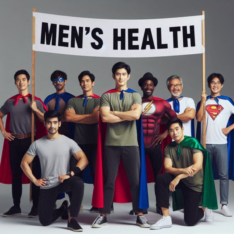 Nesta pagina mostra vários homens em poses atletica erguendo uma faixa men´s healt em referencia à Saude do homem:desmistificando o super herói