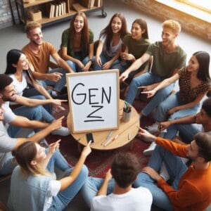 ESta página mostra um grupo de amigos reunidos da gereaç~çao Z unidos em volta de uma mesa. ideia de como compreender a geração z