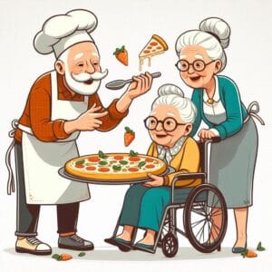 Est a pagina mostra uma idosa em uma cadeira de rodas apoiada por outra idosa e um idoso servindo pizza, acompanhar a velhice com estilo