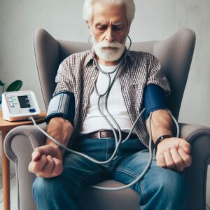 Esta página mostra um idoso aferindo a pressão arterial com mais de um aparelho indicando Como selecionar os melhores monitores de pressão arterial para idosos