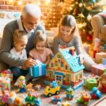 Nesta pagina mostra um senhor de idade mostrando os Melhores brinquedos para presentear netos e filhos até 5 anos duas meninas e um menino pequeno