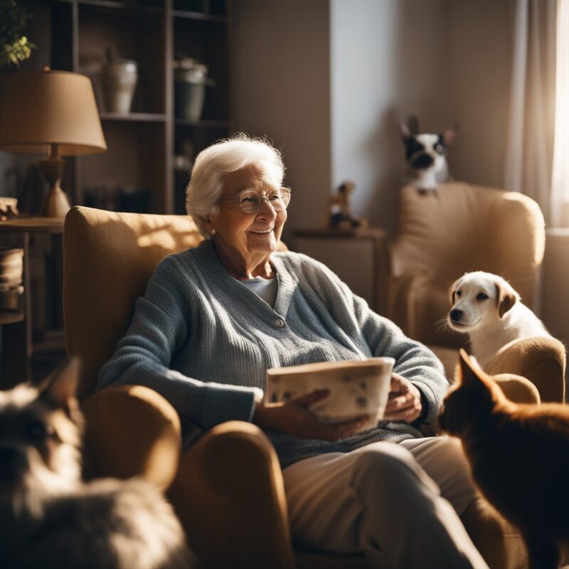 Neste artigo, O Poder Curativo dos Animais de Estimação para os Idosos: Anos Dourados e Amigos Peludos mostra uma senhora idosa sentada no sofa com animais de estimação