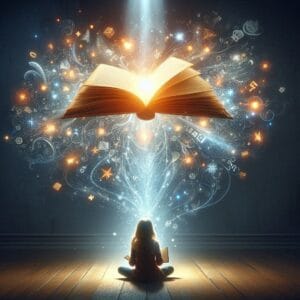 Esta página mostra uma menina com um livro encantado mostrando O Poder das Palavras Para Inspirar e Transformar