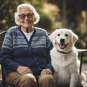 Esta pagina mostra uma idosa sorrindo e com seu lindo cão branco Pets e Idosos: Uma Relação de Saúde