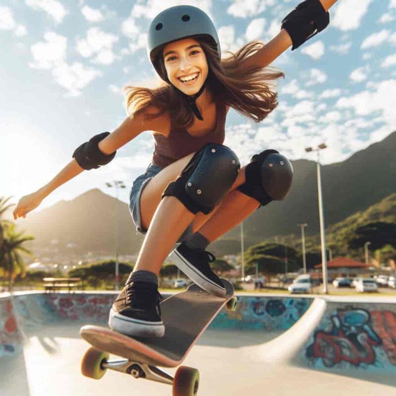 Esta página mostra a imagem da skatista Rayssa Leal sorridente e usando suas habilidade no skate
