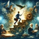 Segredos de Sucesso: Lições Inestimáveis do Velho ao Aprendiz. Pessoa pisando em engrenagens com livros voando.