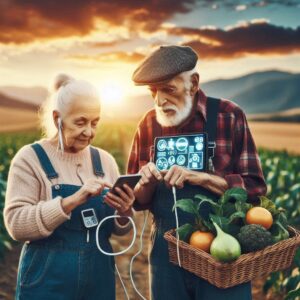 Tecnologia Amigável para Idosos: Esta página mostra duas pessoas idoas colhendo fruto e usando tecnologia para facilitar o trabalho