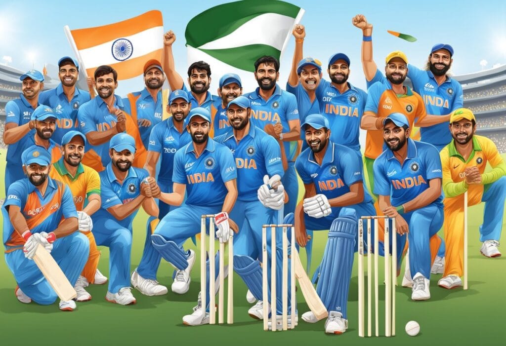 Esta página mostra varios jogadores de crickte indiano celebrabdo o triunfo no TC 20:cricket