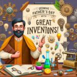 Esta página mostra imagem de um inventor e um grande cartaz Great inventions em referencia a comemore o dia dos pais com o gênio das invenções