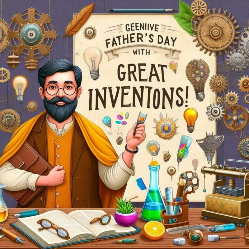 Esta página mostra imagem de um inventor e um grande cartaz Great inventions em referencia a comemore o dia dos pais com o gênio das invenções