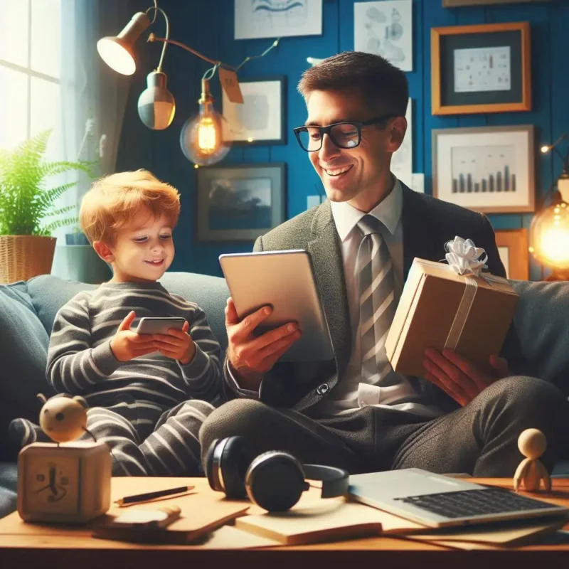 Nesta página vemos um pai com um tablet em uma mão e um pacote de presente na outra e um menino ao lado com presentes inovadores para pais que inspira todos nos