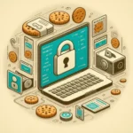 Esta página mostra um notebook aberto com um cadeado na tela bloqueando os cookies que estão rodeados. Então, Revolucione anúncios privacidade em primeiro lugar sem cookies