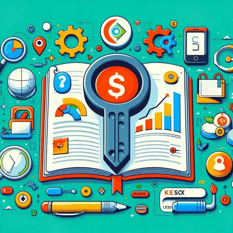 Esta página mostra um livro aberto engrenagens , vários elementos ao redor do livro com uma chave sobre ele, fazendo referencia ao artigo Desbloqueie seo