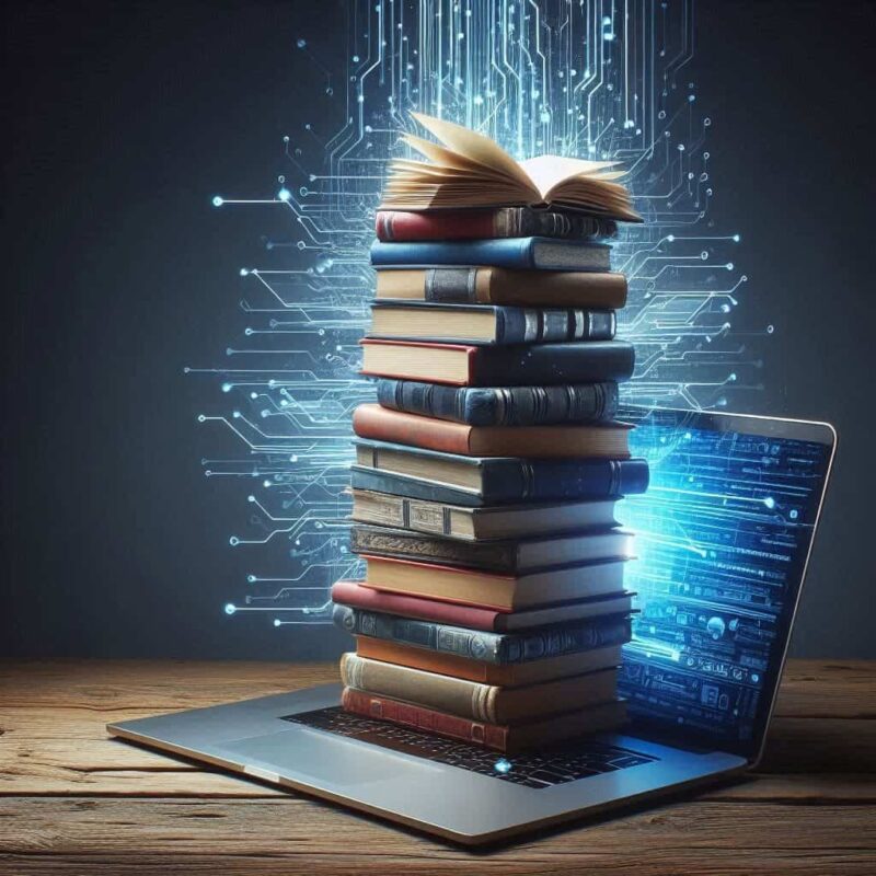Pilha de livros ao lado de um computador fechado, simbolizando a desconexão das mídias digitais e a importância da leitura. fuja-da-sobrecarga-digital-transforme-sua-mente-com-leitura