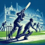Imagem ilustrativa de um campo de críquete com dois jogadores em ação: um rebatedor segurando um taco e um arremessador se preparando para lançar a bola. Ao fundo, há outros jogadores e um placar. A imagem simboliza o ambiente tradicional do críquete, destacando a interação entre os jogadores e o cenário típico do esporte. junte se à cricket craze