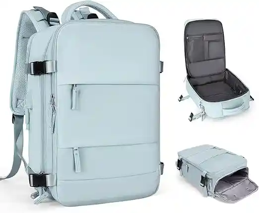 esta página mostra 3 fotos de uma linda mochila cor Angel Blue em referência as melhores mochilas de viagem 2024