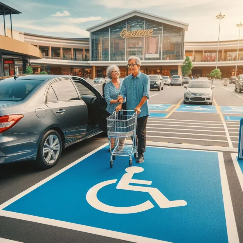 Esta página mostra um senhor e uma senhora idosa saindo de um carro com um carrinho no estacionamento de supermercado em referencia vaga de estacionamento para idoso