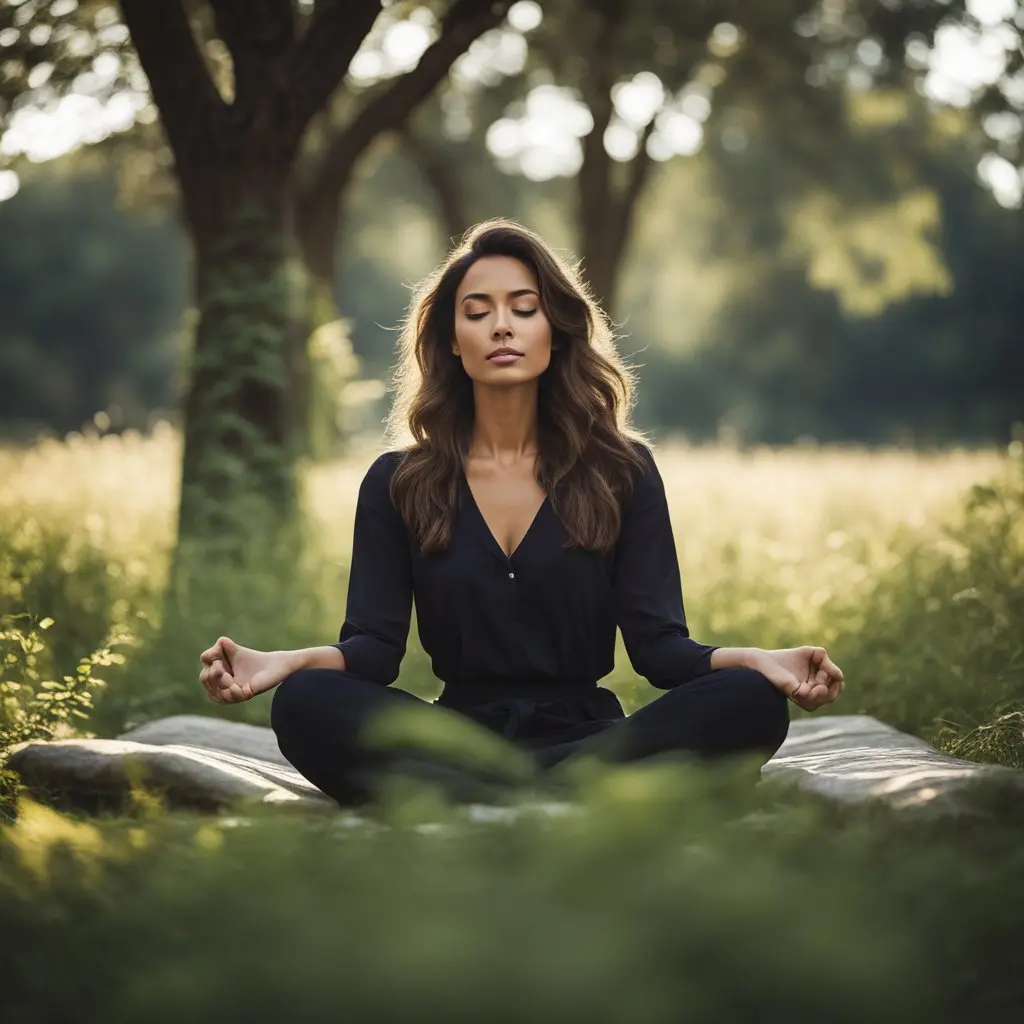 Esta página mostra uma mulher meditando no meio da natureza em referencia aos Benefícios da Meditação para Saúde Mental