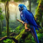 Esta página mostra uma linda arara azul pousada em um galho de arvore na mata em referencia ao artigo Descubra os Encantos Naturais