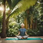 Um vibrante jardim tropical com vegetação exuberante, flores coloridas e frutas exóticas. Uma pessoa idosa serena pratica yoga à sombra de uma palmeira.