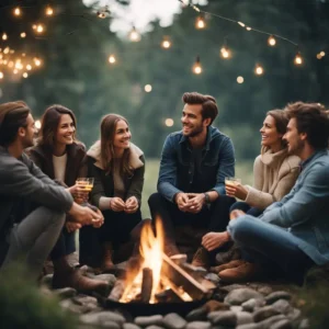 Essa página mostra um grupo de pessoas ao ar livre ao lado de uma fogueira tomando uma bebida em referencia a LAGOM a filosofia Sueca para a busca da felicidade e o equilíbrio