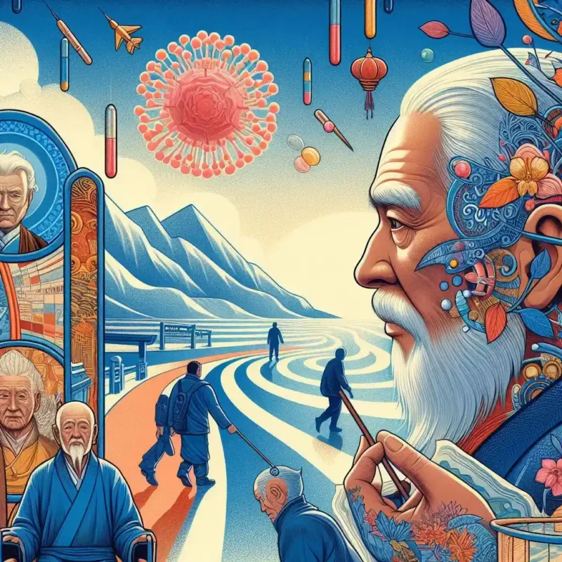 Ilustração de estilo asiático com montanhas, sol radiante, lanternas e pessoas em trajes tradicionais, simbolizando a serenidade e a cultura em referencia à Filosofias de Vida e Práticas Culturais para um Envelhecimento Ativo
